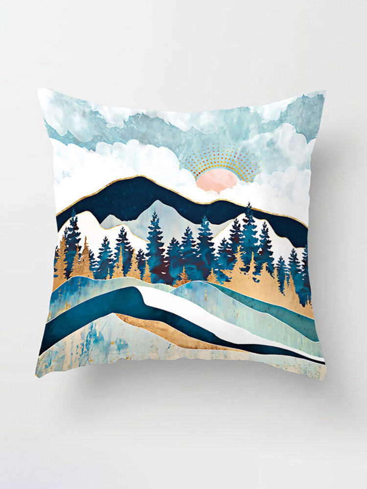 Fronha de veludo de veludo azul pêssego resfriado a água com paisagem de vento em mármore Capa de almofada de sofá de tecido doméstico
