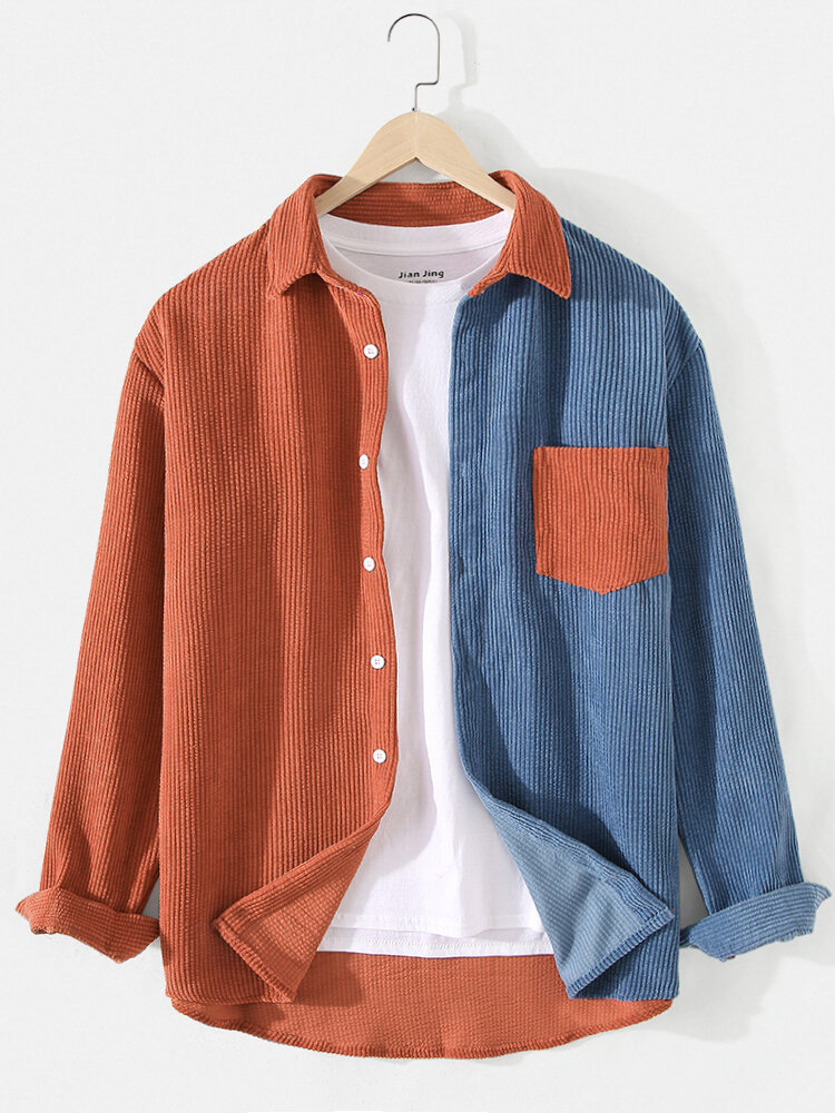 Mens Patchwork Corduroy Contrast Color Lapel Long Sleeve Shirts With Pocket