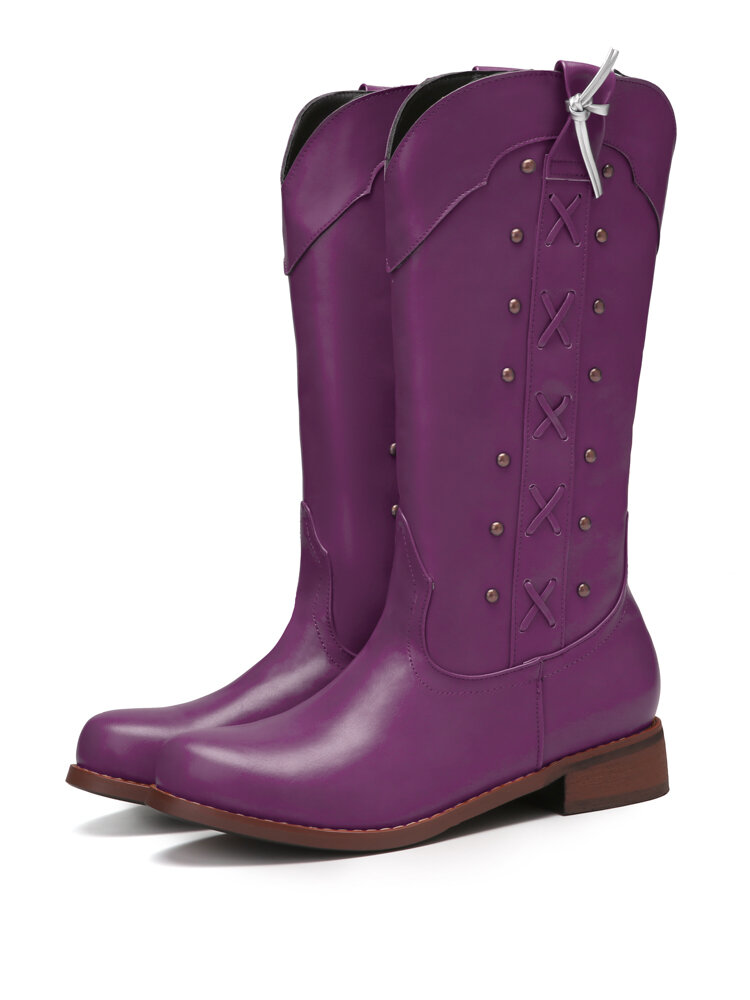 

Women Retro Lace Decor Casual Slip Resistant Comfy Slip On Mid-calf Cowboy Boots, Black;red;blue;purple;brown