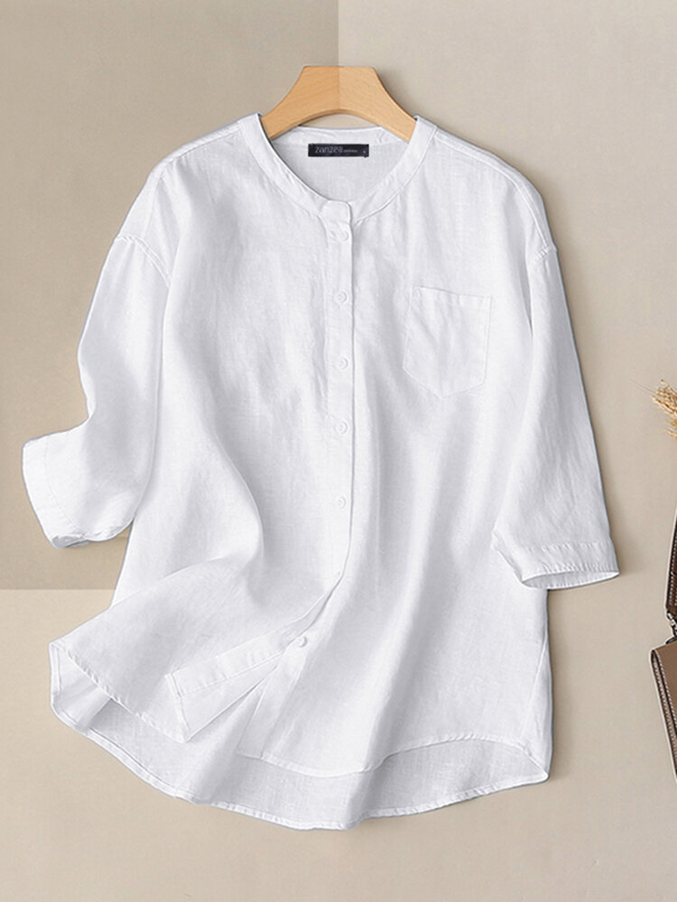 Solid 3/4 Sleeve Pocket Button Front Stand Collar Casual Blouse