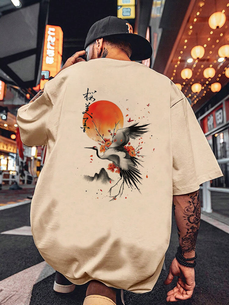 T-shirt à manches courtes et col rond pour homme, imprimé paysage de grue chinoise, hiver
