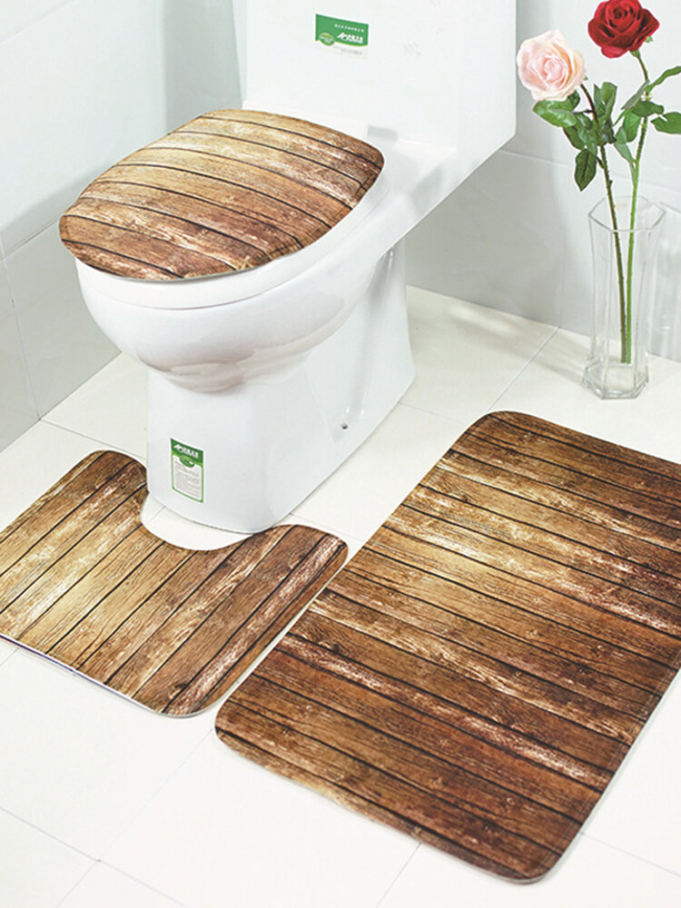 3 قطع / مجموعة سجادة حمام للحمام غير قابلة للانزلاق بنمط خشبي إبداعي + غطاء مرحاض + سجادة حمام