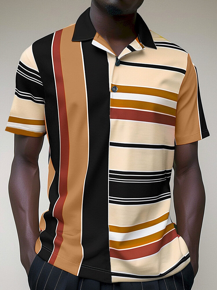 Herren-Golfshirts mit Farbblock und geometrischem Patchwork und kurzen Ärmeln