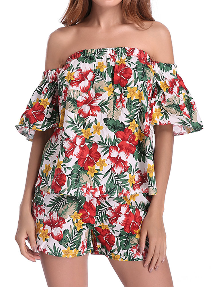 ボヘミアン女性の花柄プリントシャツショーツスーツセット休日服セット