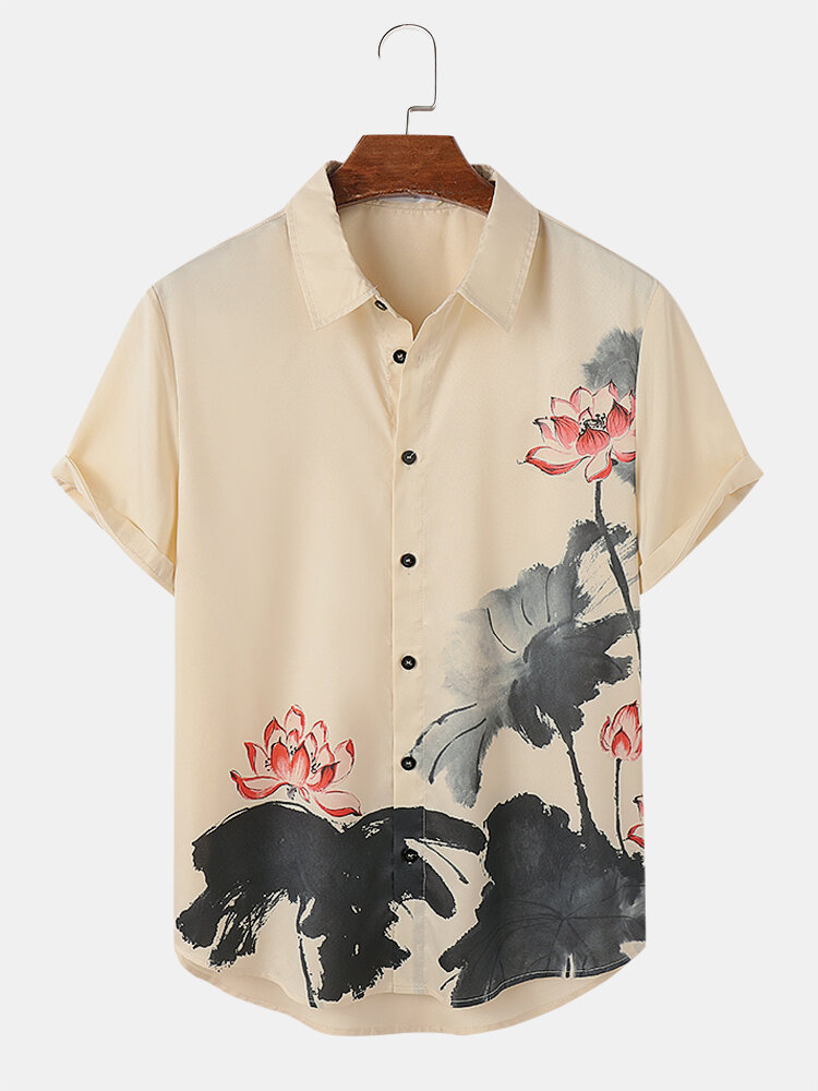 Camisas masculinas de manga curta com estampa de pintura a tinta de lótus e botões