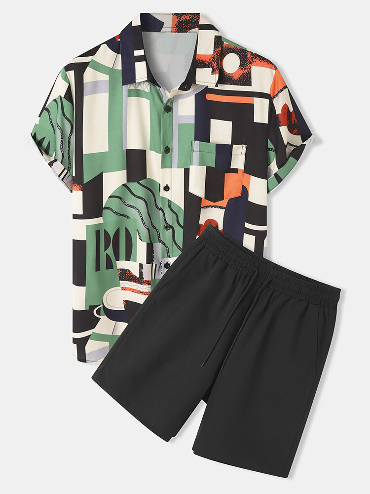 Mens Color Block Print Button Up Holiday Two Pieces Outfits