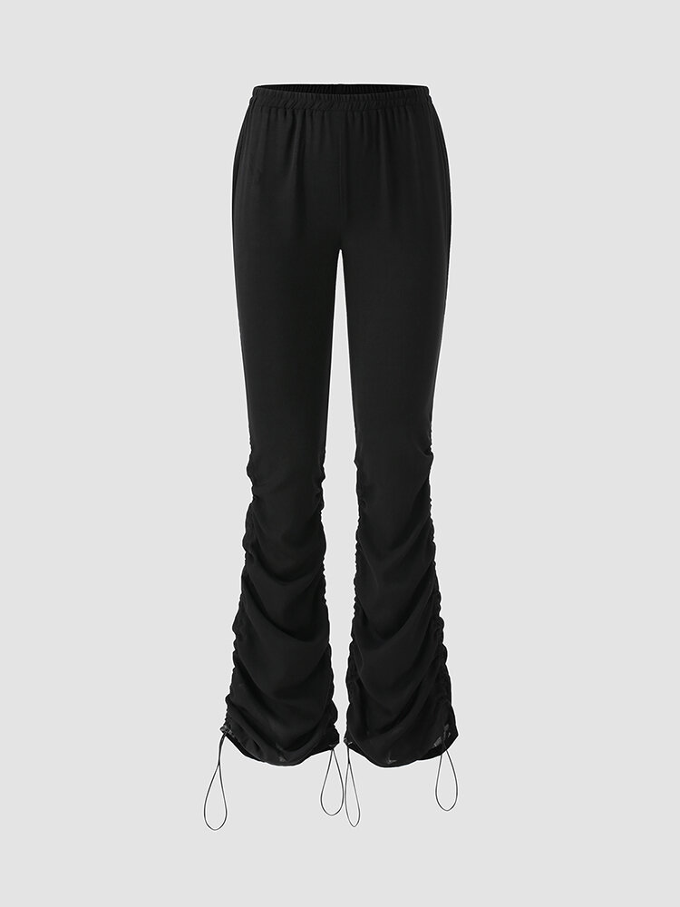 Solid Color Drawstring Flared Pleated Pants