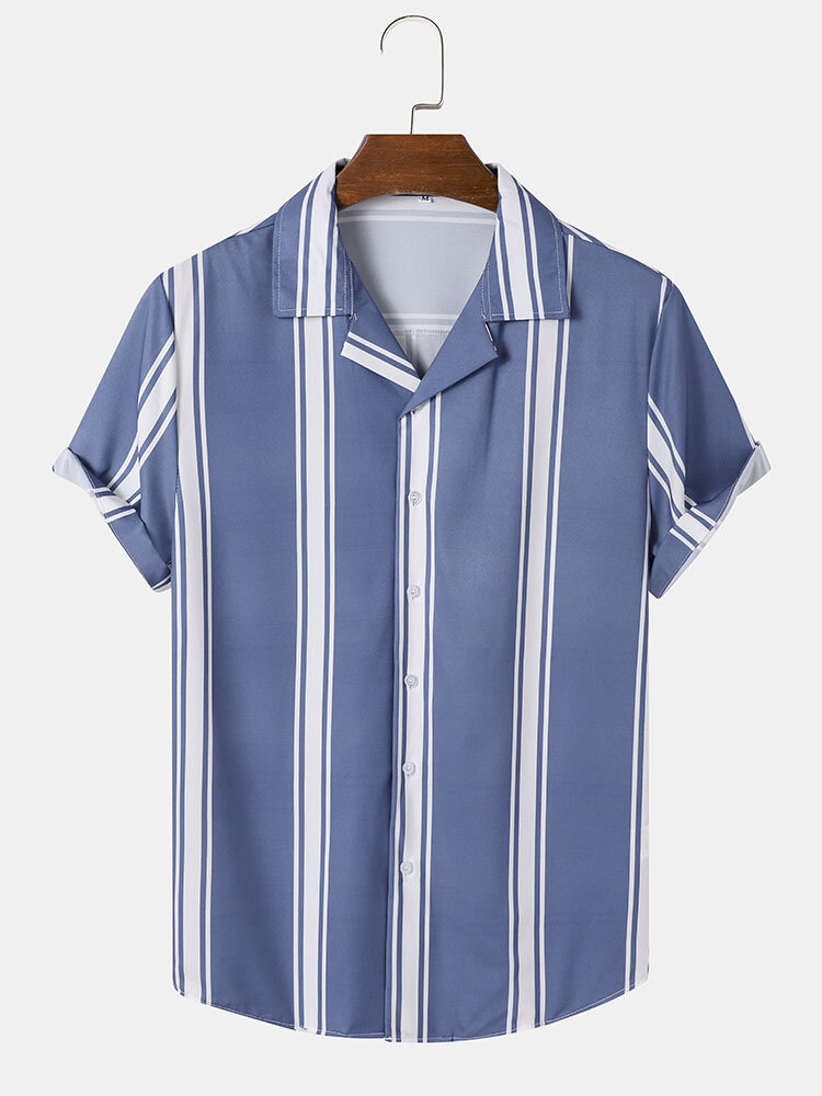 Mens Plain Striped Camp Collar Casual Short Sleeve Shirts