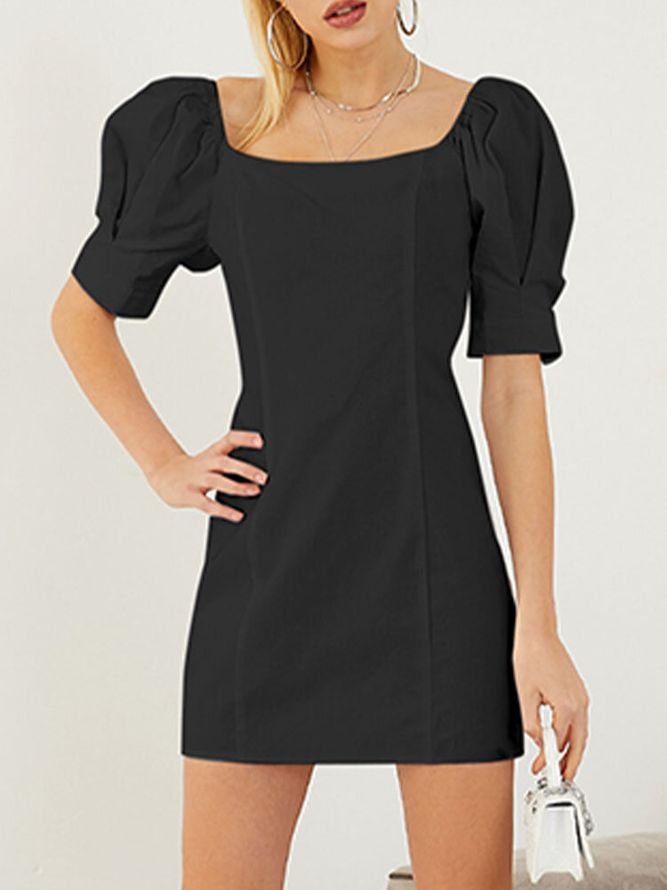 Solid Color Square Collar Backless Zip Short Puff Sleeve Sexy Mini Dress