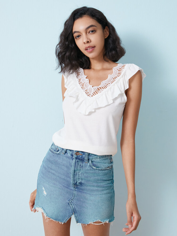 Solid Ruffle Hollow Stitch Open Back Romantic V-neck Blouse