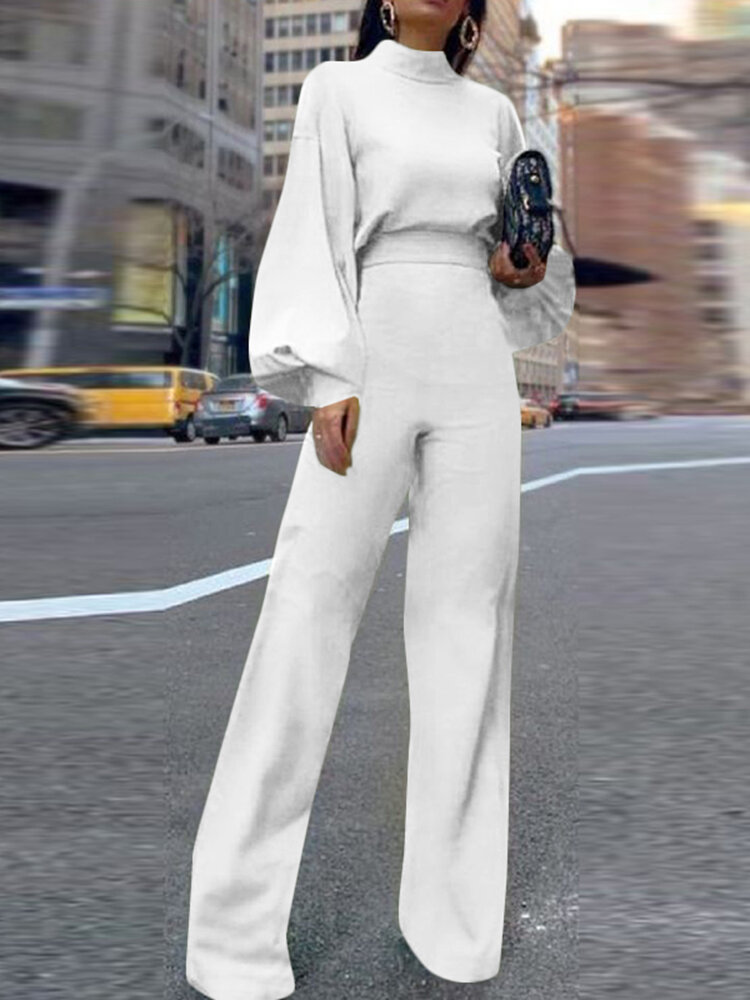 Solid Zip Back Puff Long Sleeves Stand Collar Jumpsuit