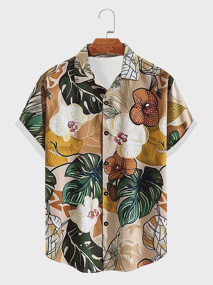 Mens Tropical Floral Leaf Print Vacation Short Sleeve Shirts