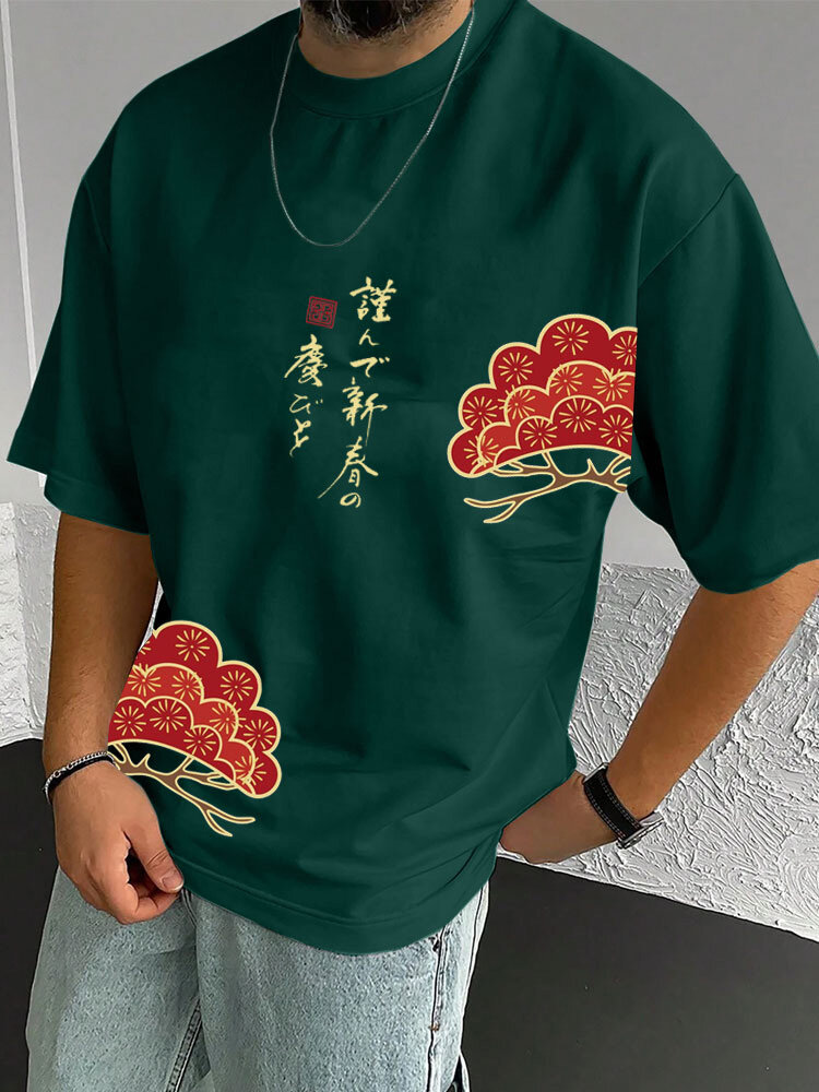 Camisetas masculinas de manga curta com estampa floral estilo japonês, gola redonda, inverno