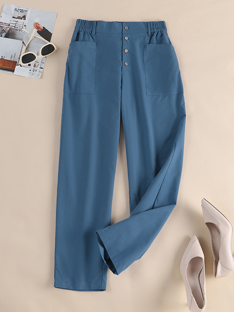 Women Solid Color Button Detail Casual Straight Pants