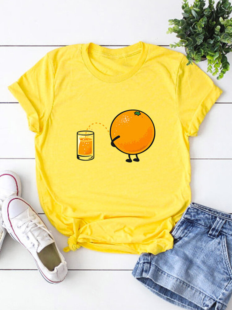 Cartoon Orange Print Short Sleeve T-shirt For Women