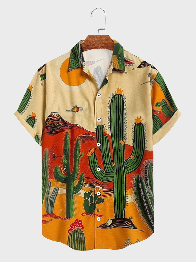 Mens Cactus Landscape Print Casual Short Sleeve Shirts
