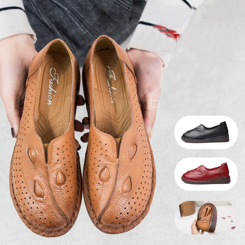Women Casual Retro Hollow Cow Leather Slip On Flats Loafers