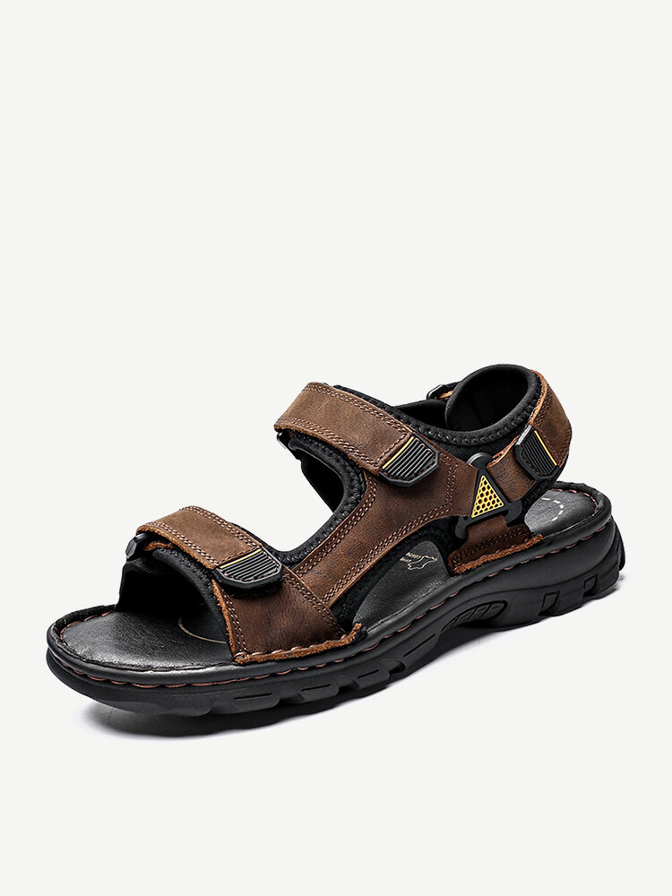 

Men Cow Leather Comfy Non Slip Hook Loop Outdoor Casual Sandals, Black;dark brown