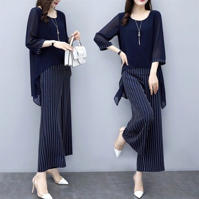 Wide Wife Cover Belly Suit Foreign Gas Two-piece Wide Leg Pants Female Large Size Fat Mm Loose Thin Chiffon Shirt