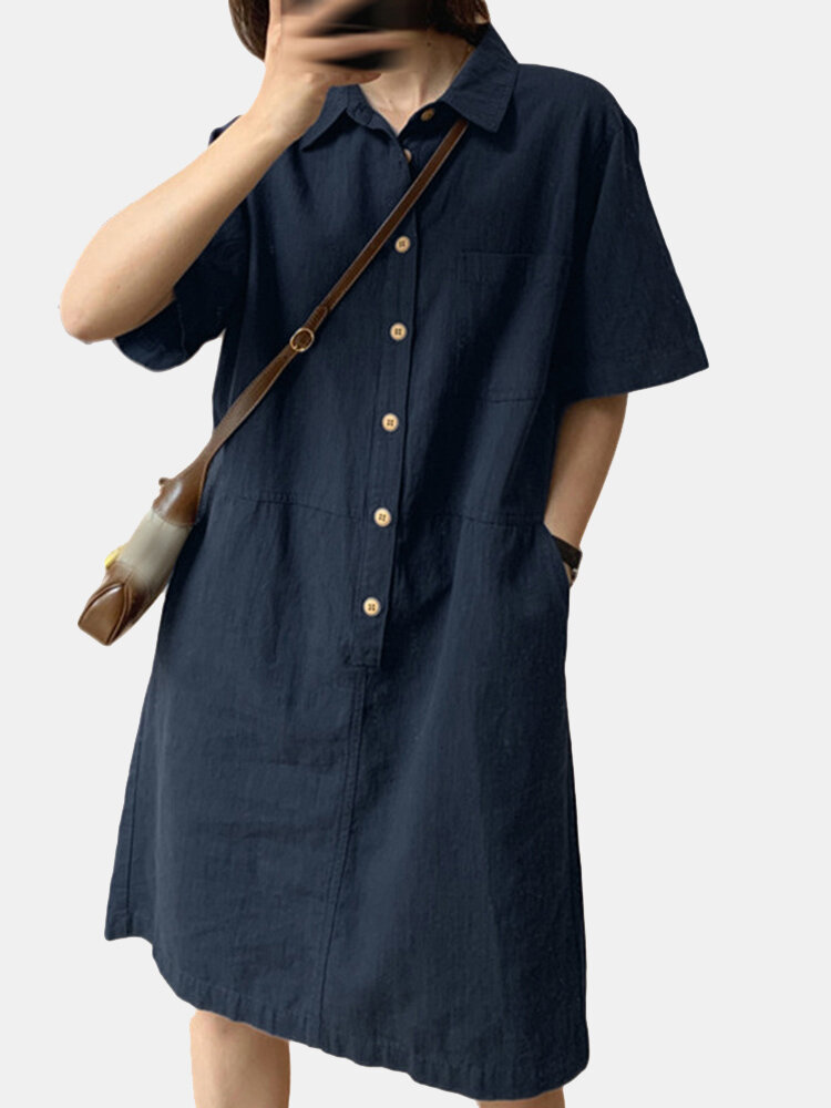 Solid Button Front Pocket Short Sleeve Lapel Casual Dress
