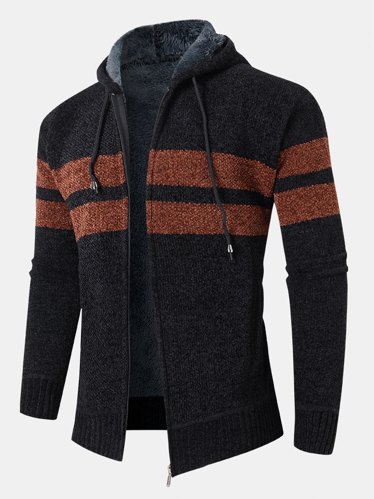 Mens Wide Striped Knit Zip Up Plush Lined Thick Hooded Cardigans