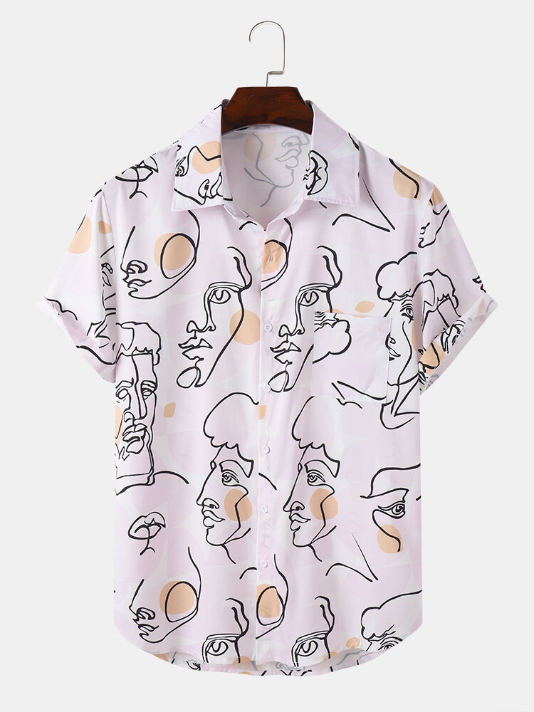 Mens Line Drawing Figure Print Button Up Short Sleeve Shirts