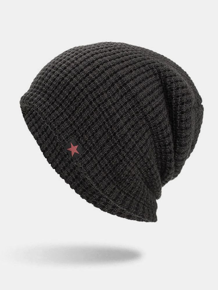 

Unisex Knitted Plus Velvet Windproof Warm Casual Dual-use Red Five-star Pattern Beanie Hat, Khaki;black;white;gray;navy