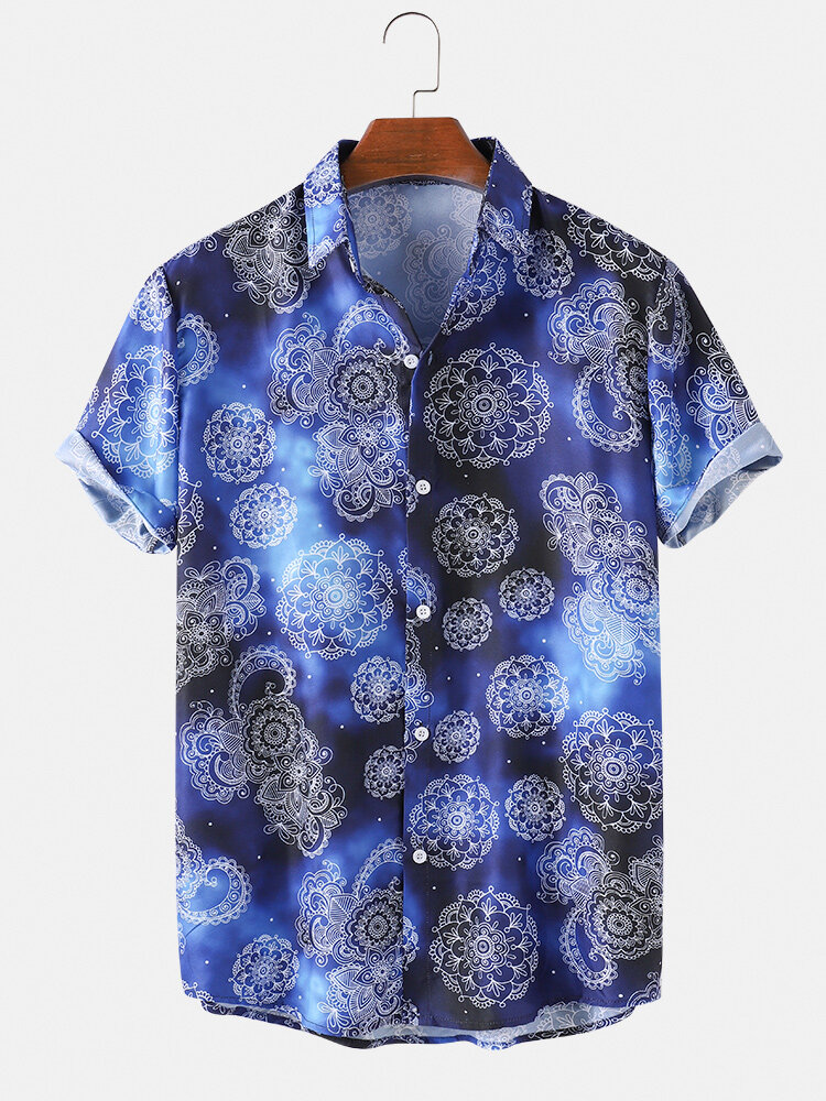 Mens Tie Dye Floral Print Light Breathable Casual Short Sleeve Shirts