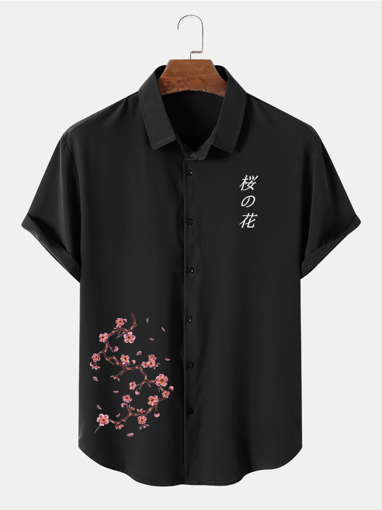 Mens Cherry Blossoms Japanese Print Lapel Short Sleeve Shirts