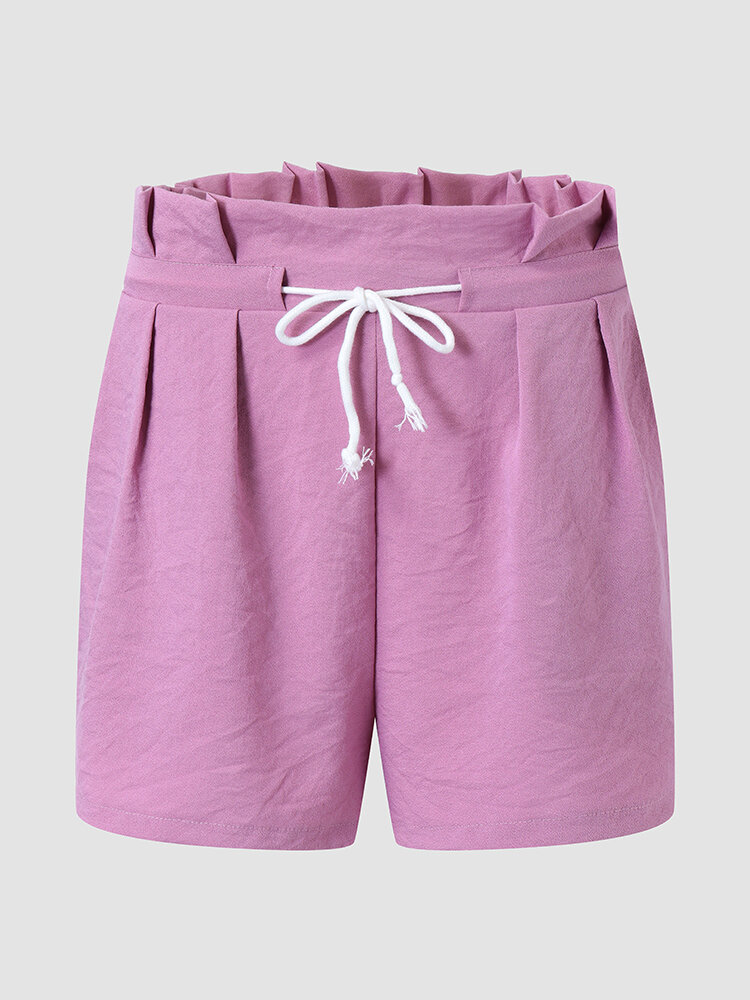 Solid Ruffle Elastic Waist Pocket Drawstring Shorts For Women