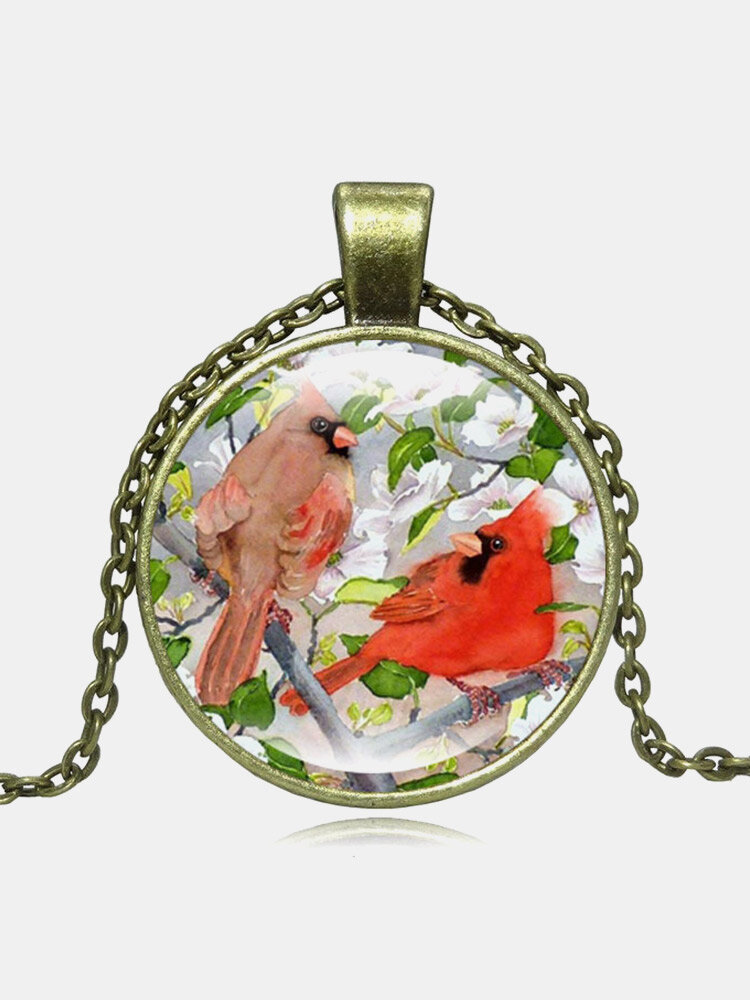 

Vintage Flowers Birds Pattern Round-shaped Time Gemstone Pendant Alloy Glass Necklace