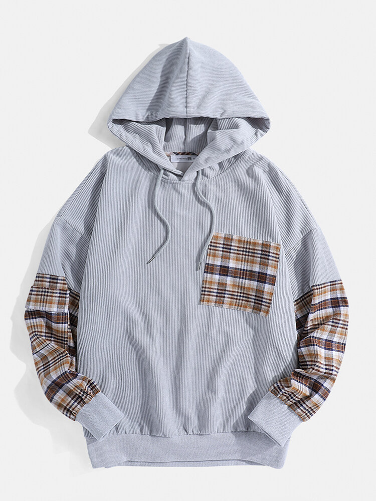 Mens Plaid Patchwork Corduroy Daily Chest Pocket Hoodie