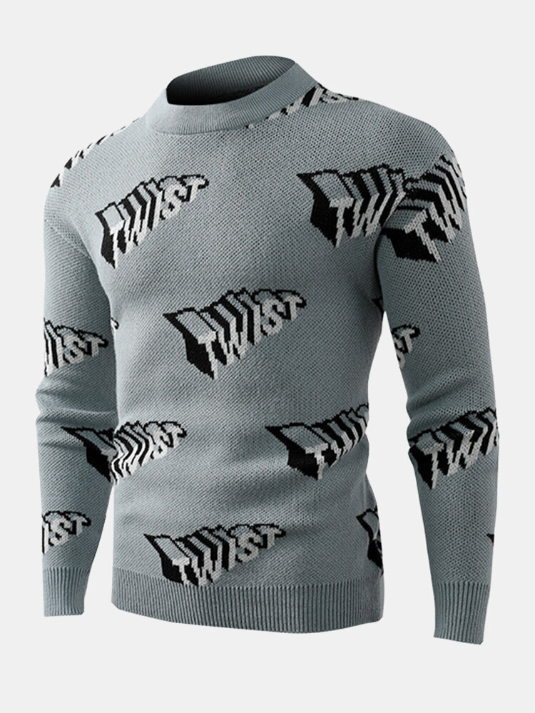 Mens Allover 3D Letter Pattern Crew Neck Knitted Pullover Sweaters