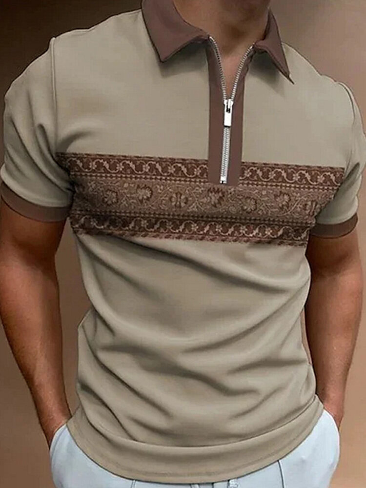 

Mens Ethnic Floral Print Patchwork Half Zip Short Sleeve Golf Shirts, Khaki