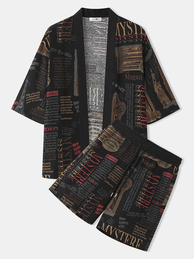 Mens All Over Vintage Letter Print Kimono Two Pieces Outfits