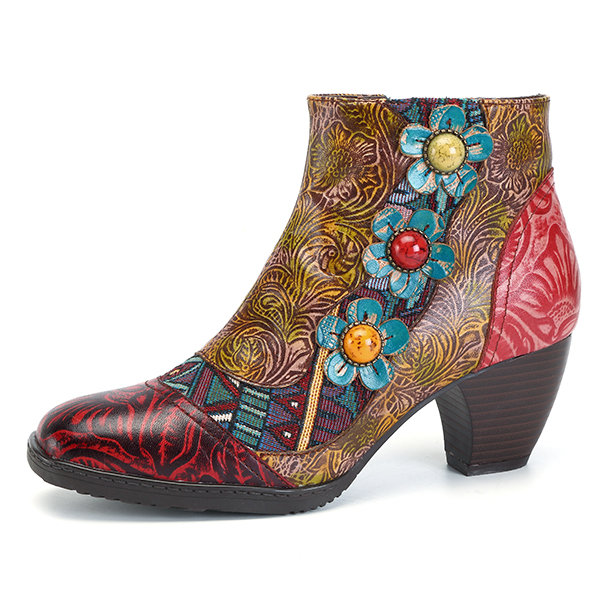 SOCOFY Bohemian Splicing Plant Pattern Zipper Ankle Leather Boots