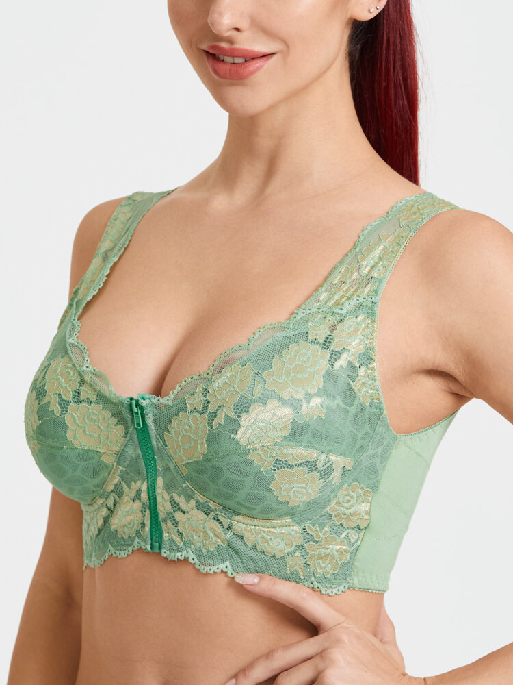 

Women Front Zipper Floral Jacquard Lace Removable Pad Cozy Bras, Black;nude;wine red;green