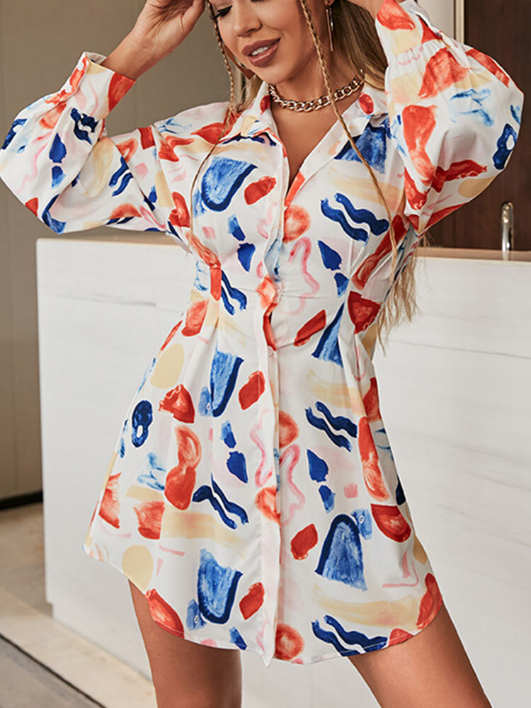 Abstract Pattern Long Sleeve Lapel Shirt Dress For Women
