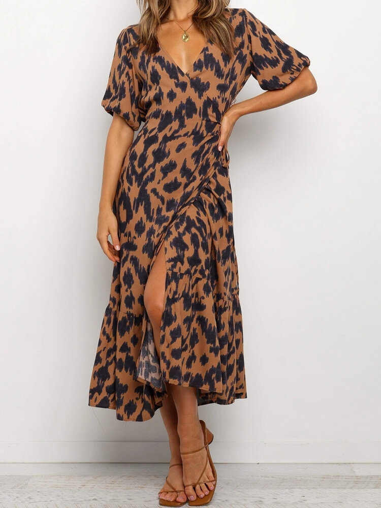 Leopard Print Knotted Slit Hem Short Sleeve Casual Dress