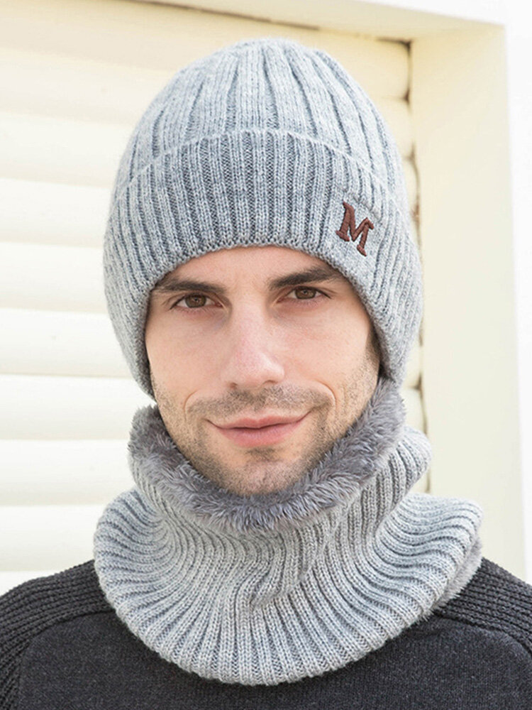 Men 2PCS Plus Velvet Thick Elastic Windproof Keep Neck Protection Warm Headgear Scarf Wool Beanie