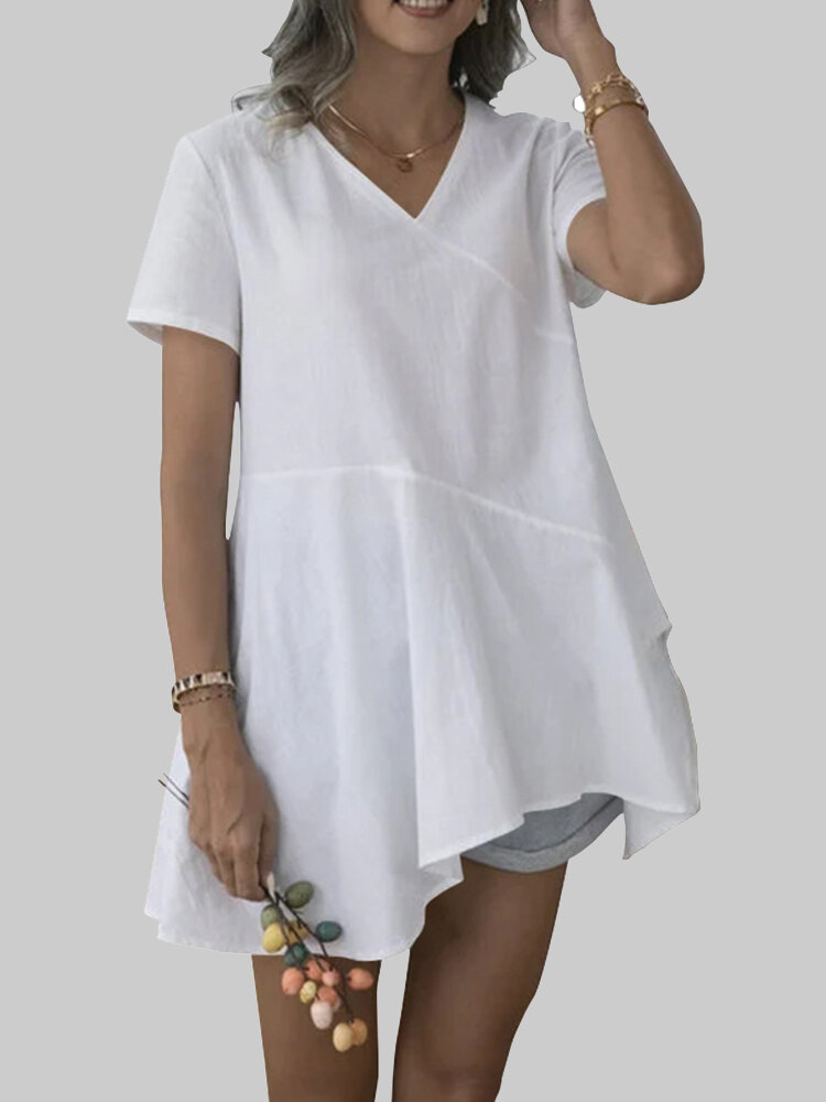 

Solid Color V-neck Overhead Short Sleeve Irregular Cotton T-Shirt, Black;white