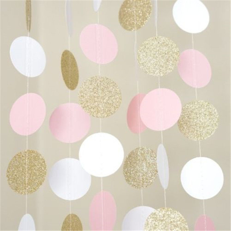 Pink White & Gold Glitter Circle Polka Dots Paper Garland Banner 10FT Banner New