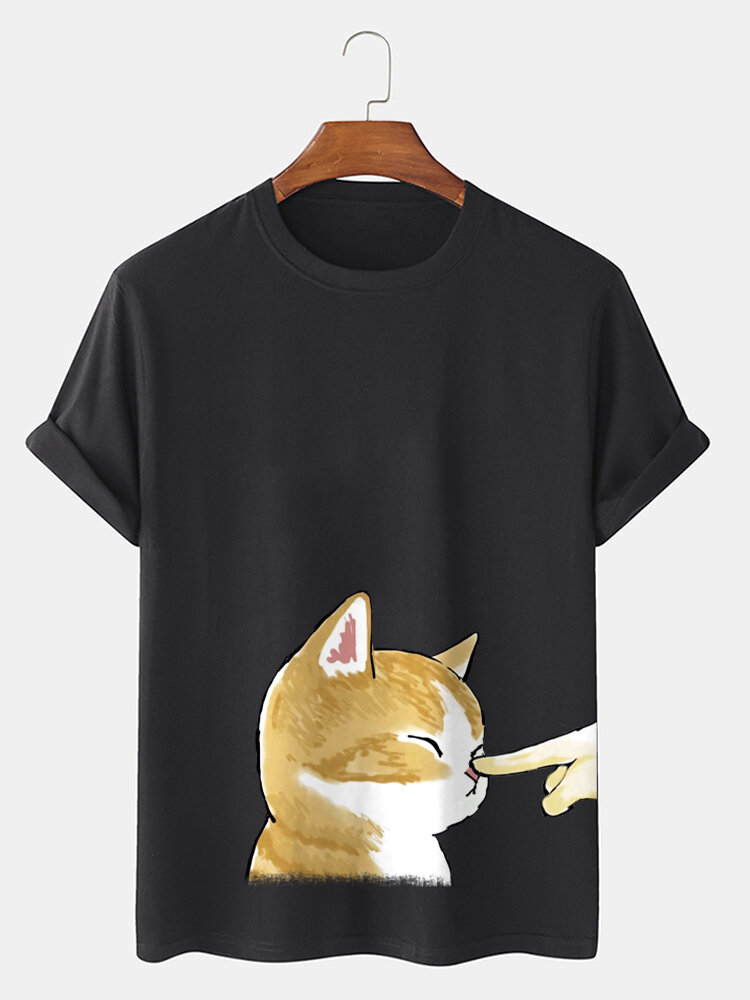 T-shirts à manches courtes en coton à col rond pour hommes avec motif de chat mignon