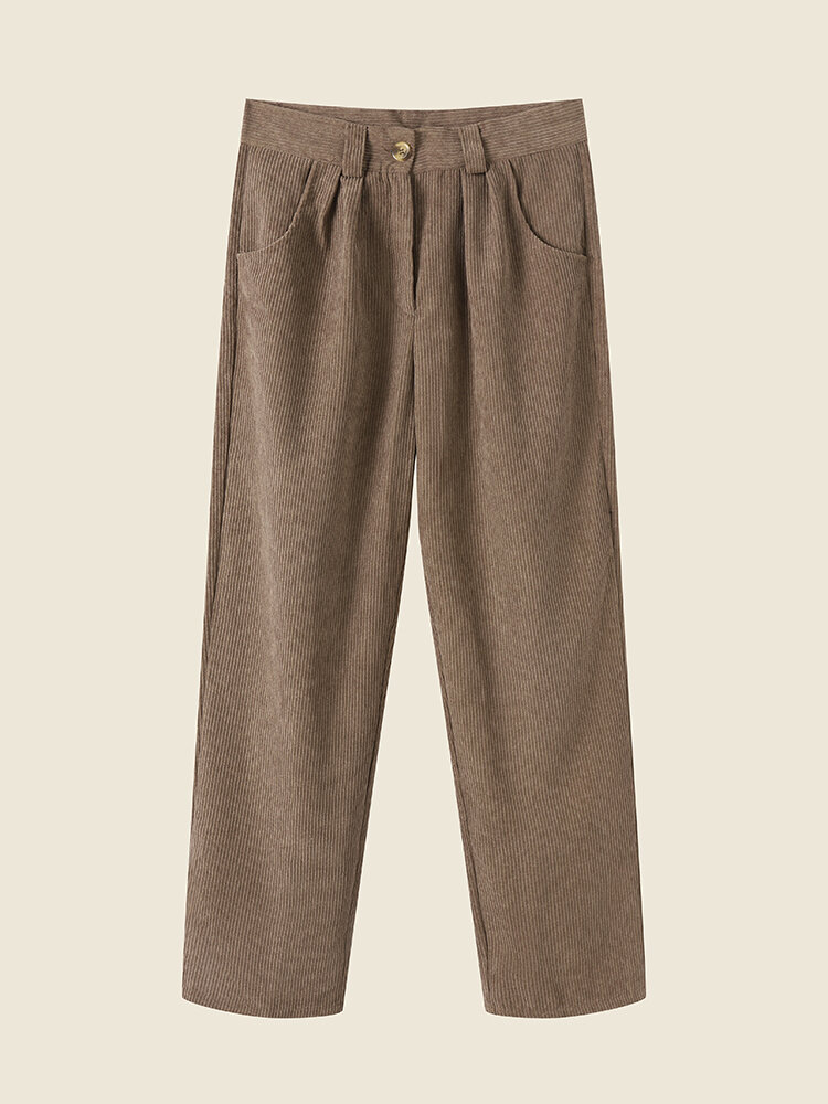 High Waist Corduroy Solid Pocket Casual Women Pants