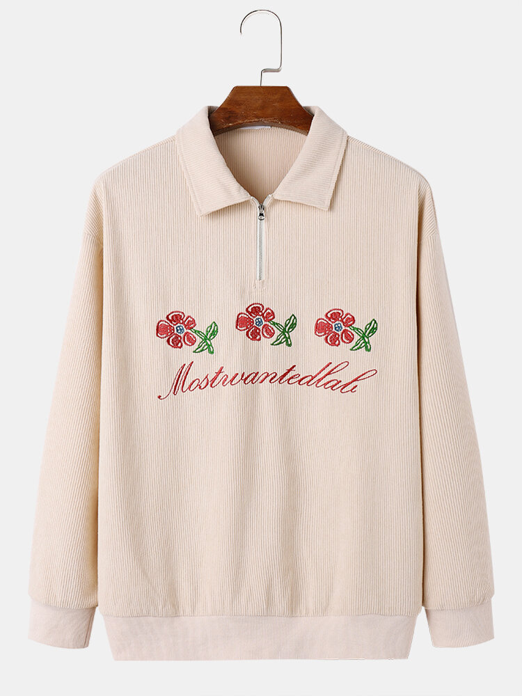 Mens Floral Letter Embroidered Quarter Zip Lapel Corduroy Sweatshirts