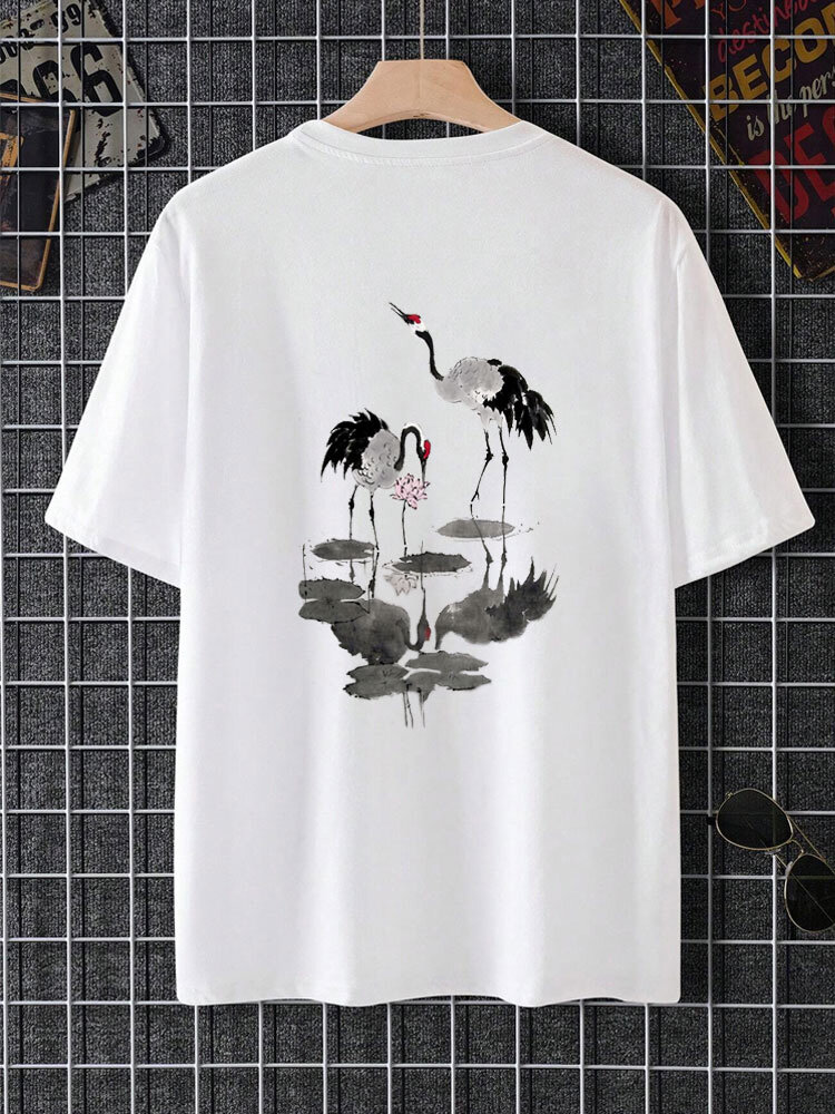 

Mens Chinese Crane Lotus Back Print Crew Neck Short Sleeve T-Shirts Winter, White