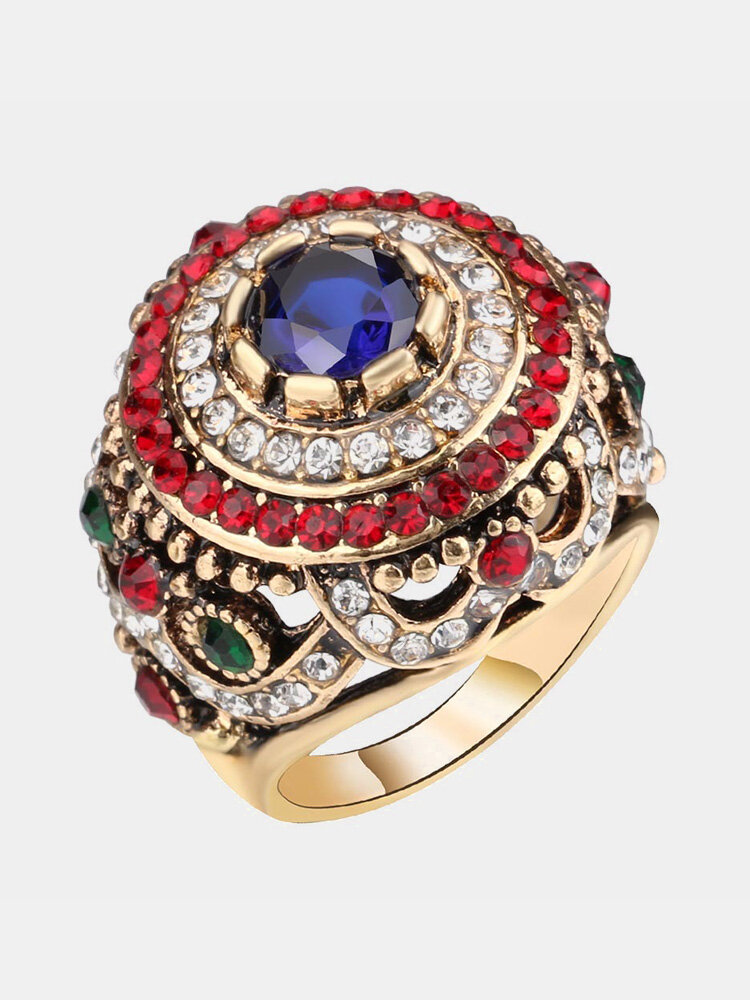Bohemian Finger Rings Opal Gold Plated Blue Resin Crystal Hollow Rings Ethnic Jewelry for Women