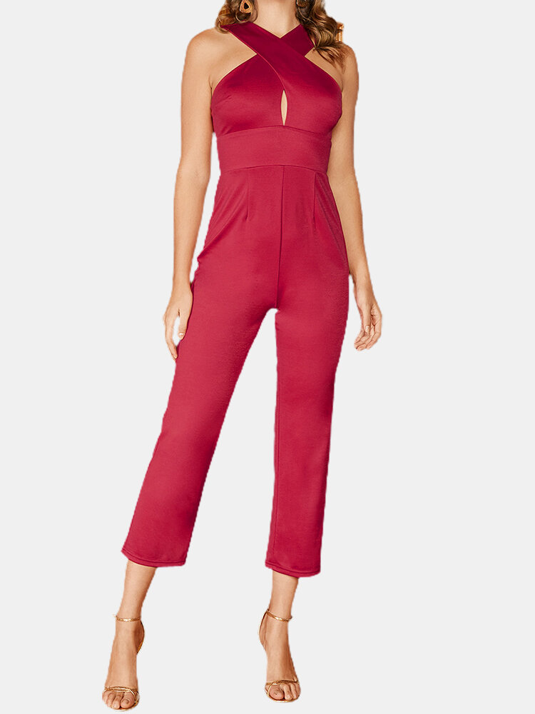 Solid Color Halter Crossed Design Long Casual Jumpsuit for Women