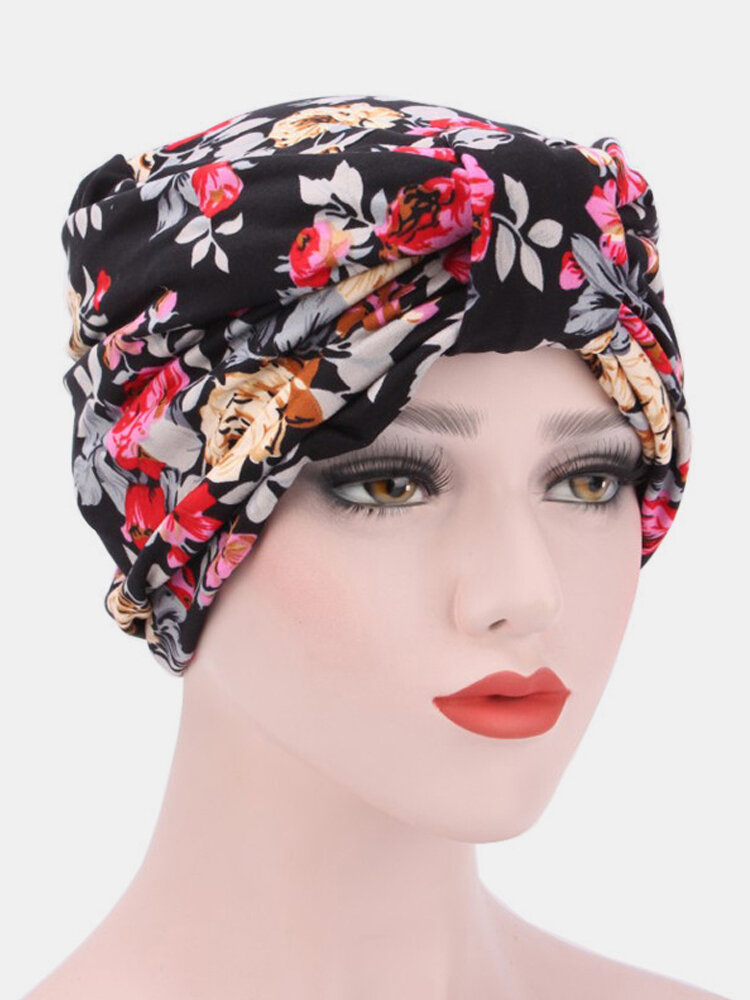 Women Print Forehead Cross Toe Cap Floral Chiffon Beanie Hat Countryside Floral Twist Beanie