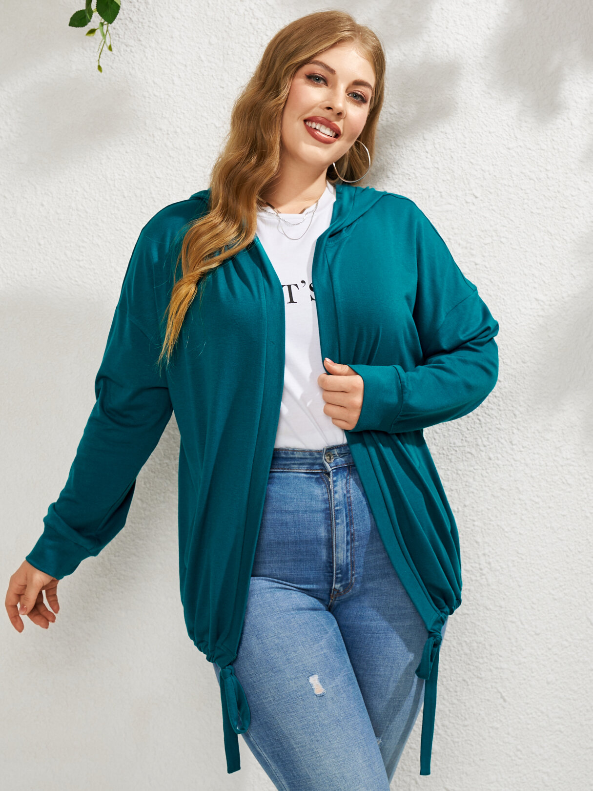 Plus Size Solid Color Open Front Drawstring Hem Hooded Stretch Jacket